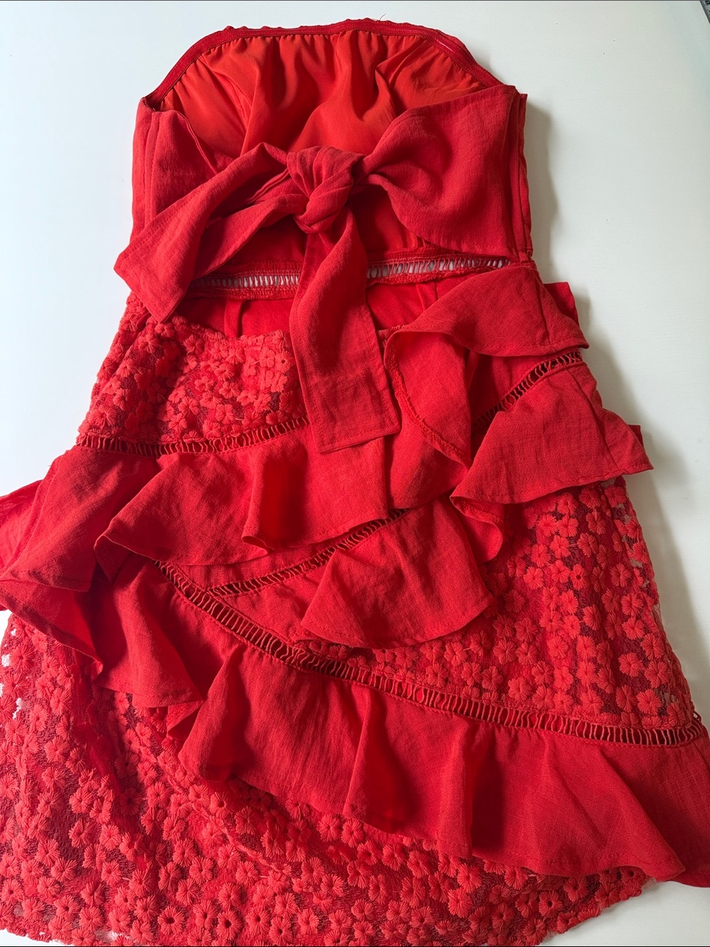 Strapless Red Ruffle Lace Mini Dress - Picture 8 of 10